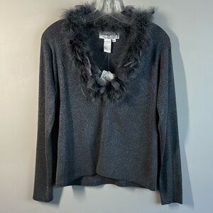 NWT VTG Joseph A. Silk Metallic Gray Feather Cardigan Size XL Glam Retro Y2K